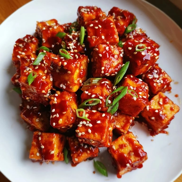 Golden-brown cubes of Honey Gochujang Tofu, coated in a sweet and spicy sauce, ready to serve.