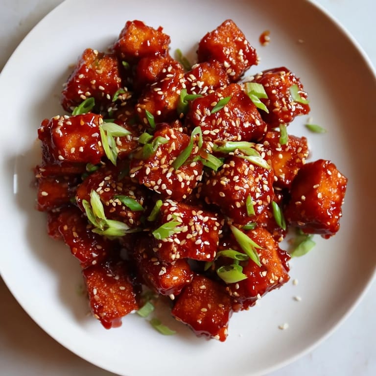 A close-up of Honey Gochujang Tofu, showing the sticky glaze and crunchy texture.