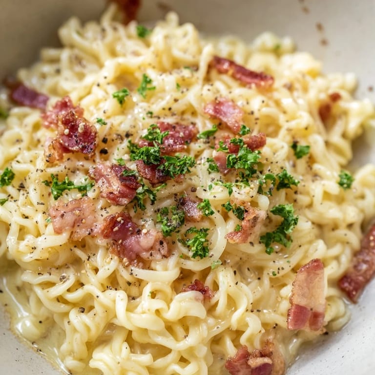 Cheesy Ramen Carbonara Hack: A close-up of a steaming bowl of fusion ramen, ready to be enjoyed.