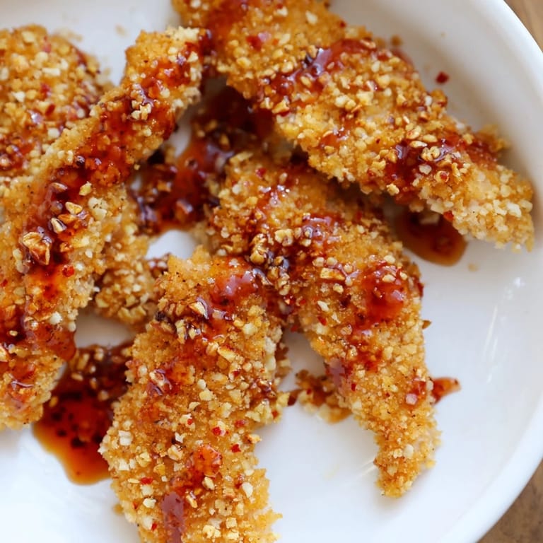 Air-fried crispy panko chicken tenders, with a glistening, spicy hot honey glaze, looking irresistible.