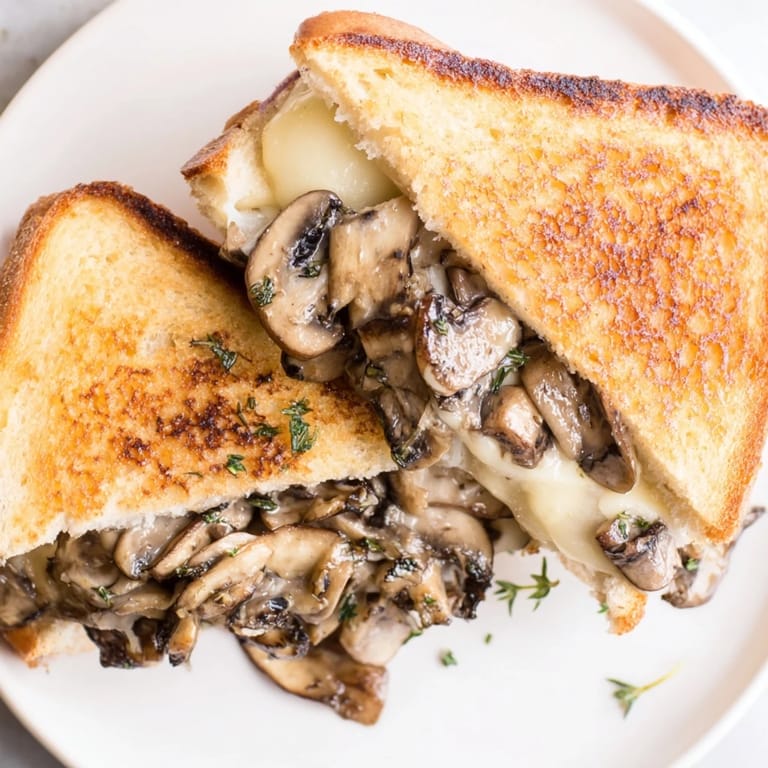 Savor the sight of a perfectly grilled creamy mushroom grilled cheese, oozing with cheesy, mushroomy goodness.