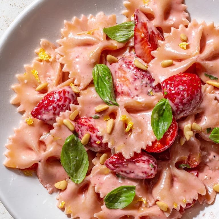 Close-up of freshly plated Strawberry Sour Cream Pasta, garnished with basil and juicy strawberry slices.
