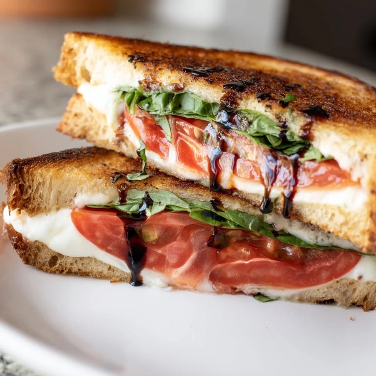 Fresh basil and balsamic glaze complement the flavorful Caprese Salad Grilled Cheese oozing with melted cheese.