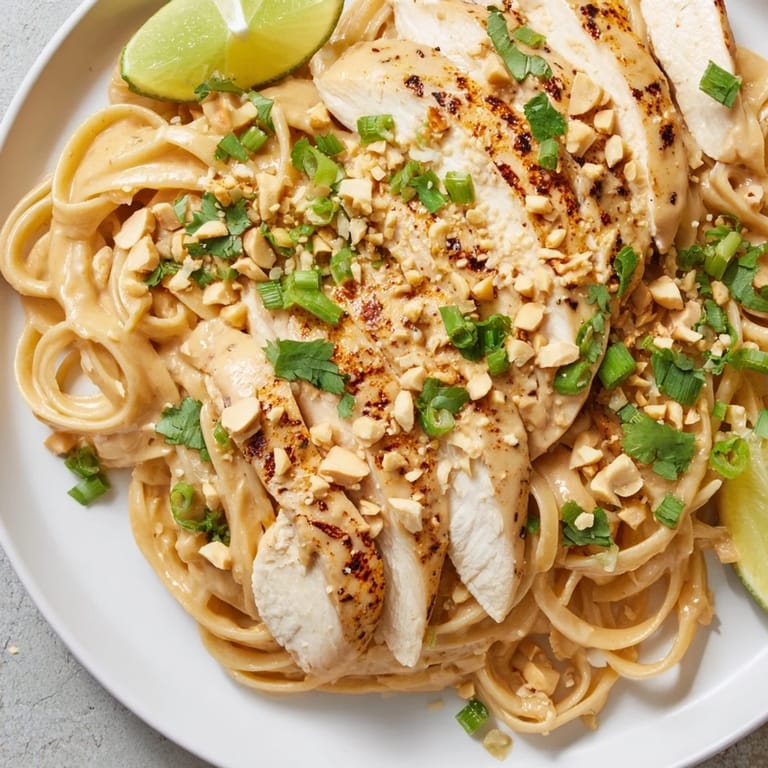 A delicious bowl of Thai Peanut Chicken Pasta, showcasing tender chicken in a creamy, flavorful sauce.