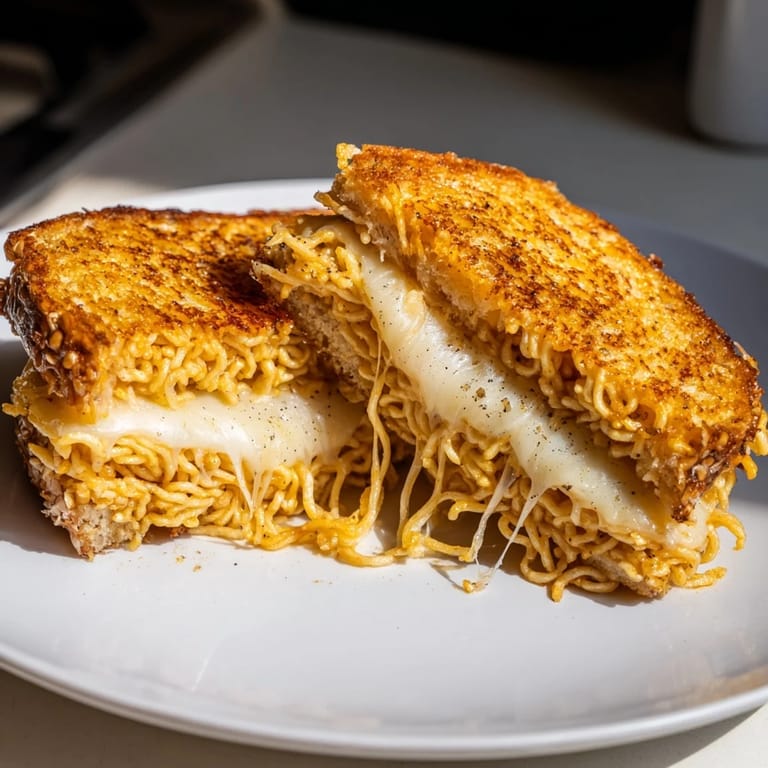 Close-up of a delightful Ramen Grilled Cheese, ready to be sliced, perfect for a comfort food lunch.