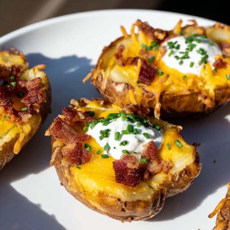 Close-up shot of decadent loaded baked potato skins with cheese oozing from the potato.