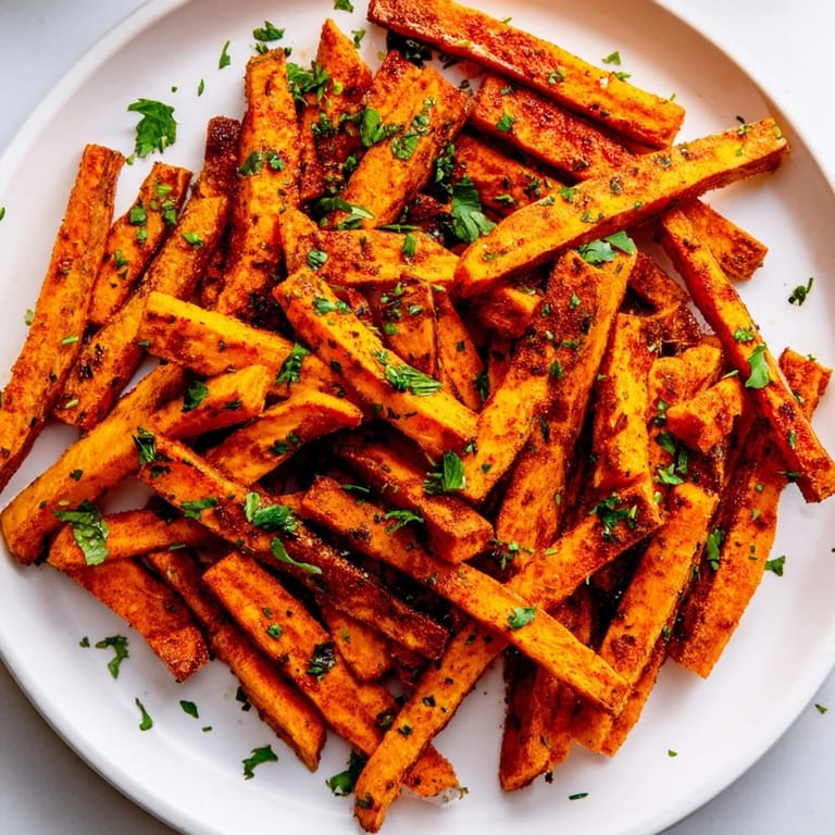 Savory and spicy Cajun Spiced Sweet Potato Fries, piled high, a delicious, easy side dish option.