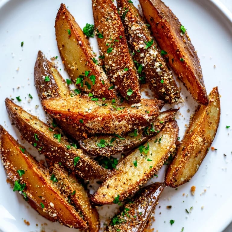 Oven-baked Rosemary Parmesan Potato Wedges, aromatic with rosemary, offer a delightful side dish experience.