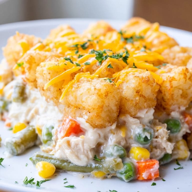 Homemade Crispy Tater Tot Casserole, a delightful combination of crunchy tater tots and a flavorful chicken filling.