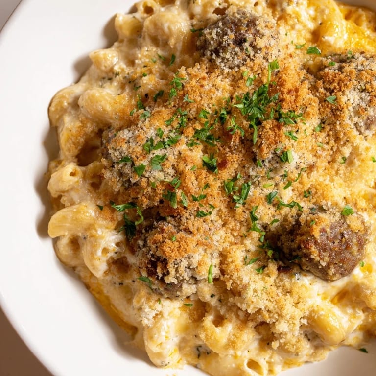 A close-up of a creamy and cheesy Mac & Cheese Meatball Bake, speckled with breadcrumb topping.