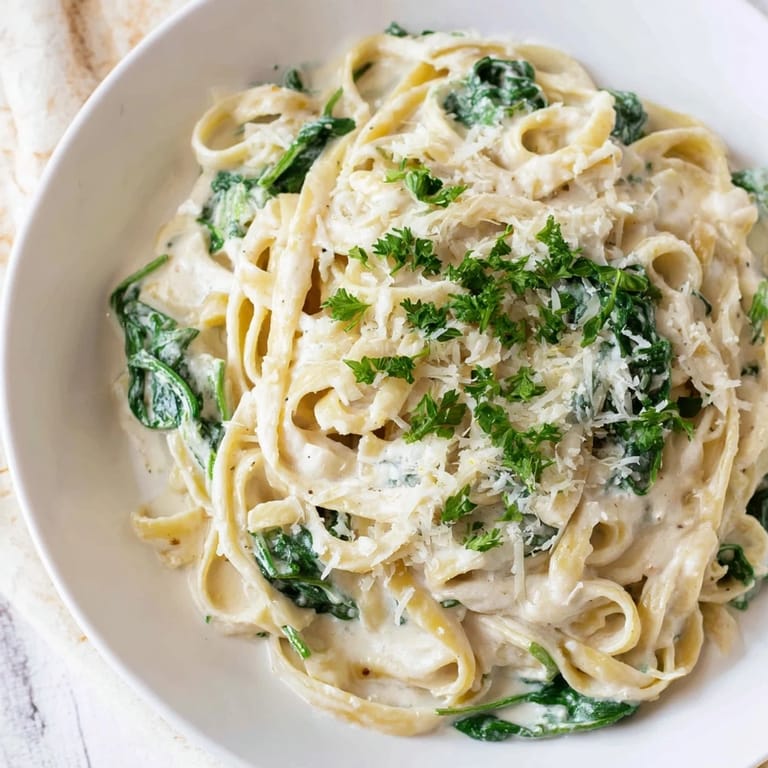 This Creamy Spinach Fettuccine Alfredo features perfectly sauced pasta, garnished for a delightful, vegetarian dinner.