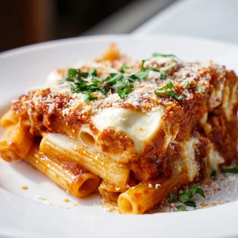 Close-up of a cheesy, bubbling Cheesy Baked Ziti, inviting aromas of Italian herbs and fresh basil.