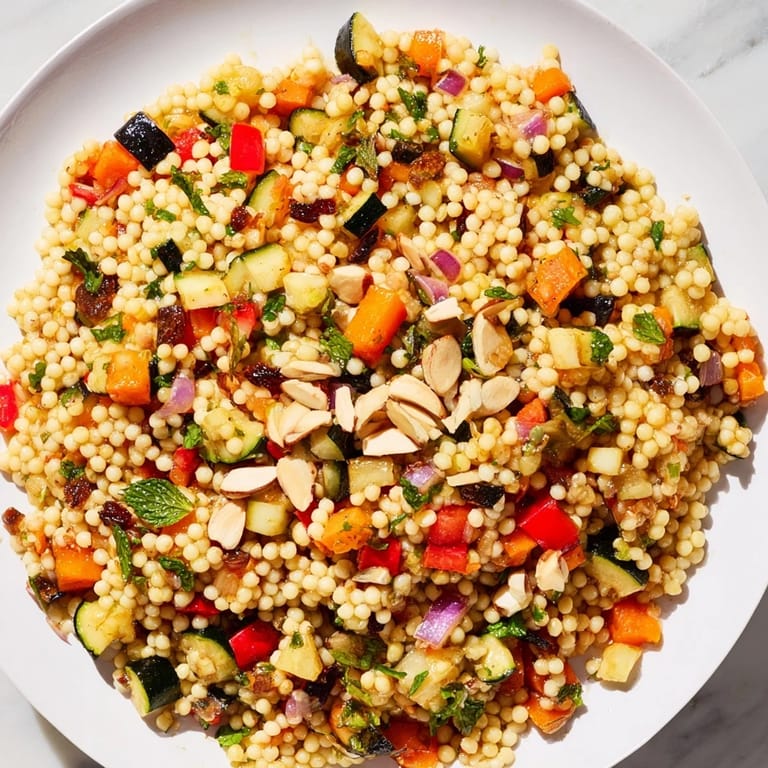 This flavorful Moroccan couscous salad features vibrant roasted vegetables mingling with fluffy couscous.