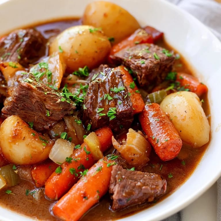 A close-up of a bubbling pot of Irish Beef Stew, with savory aromas and beautifully cooked ingredients.