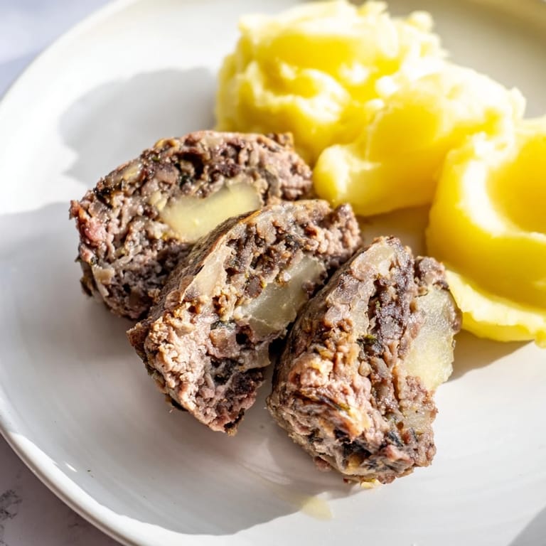 Golden-brown Scottish haggis sliced to reveal its spiced, rich meat mixture alongside creamy potatoes.