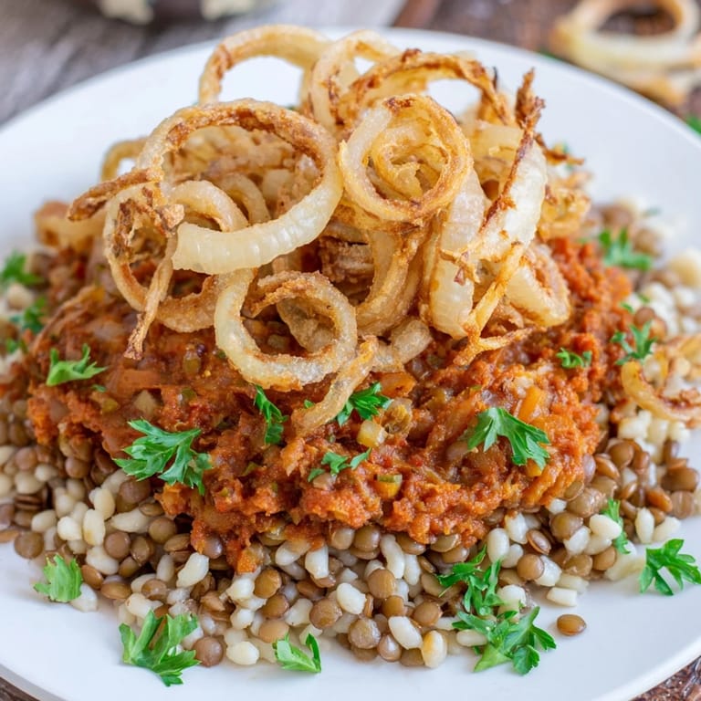 Enjoy a hearty plate of Koshari, a traditional Egyptian dish with beautiful textures and a delicious spiced tomato flavor.