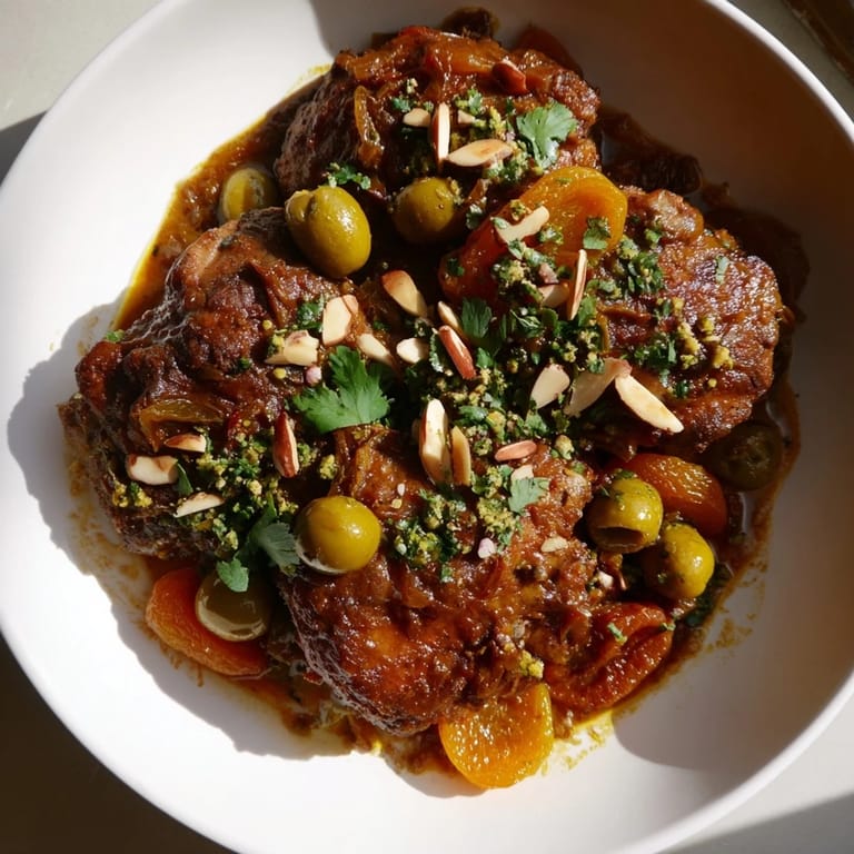 A close-up of a bubbling Moroccan Tagine Chicken stew, with tender chicken and glistening olives.