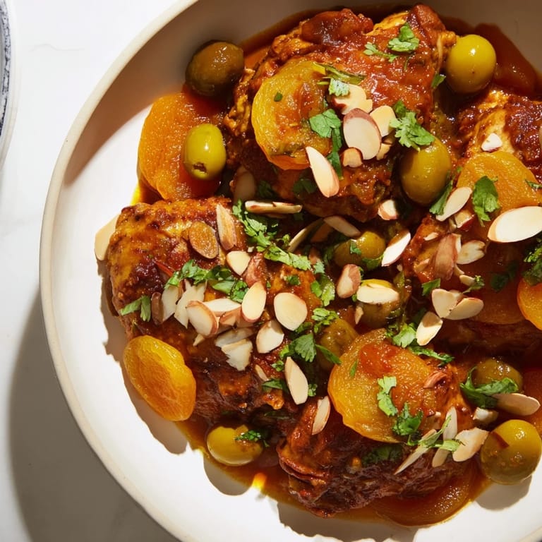 Warm, inviting serving of Moroccan Tagine Chicken, garnished with fresh cilantro and toasted almonds over fluffy couscous.
