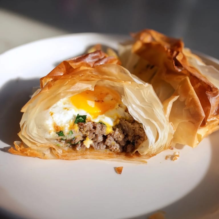 A close-up shot of the savory Tunisian Brik, showing its crispy, flaky layers and filling.