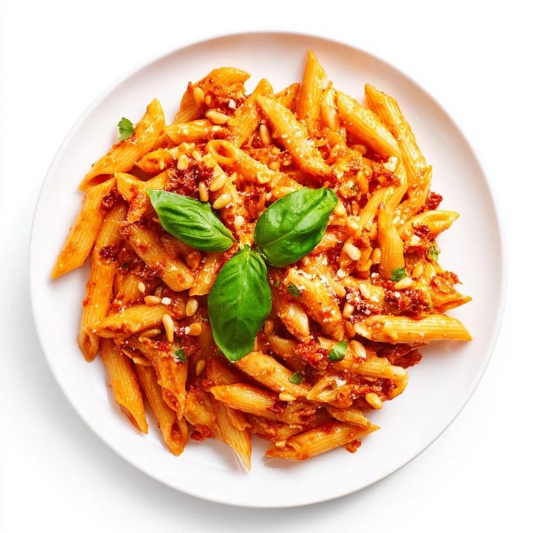 A close-up of creamy Sun-Dried Tomato Pesto Pasta in a white bowl, garnished with extra Parmesan and a lemon wedge for brightness.  
