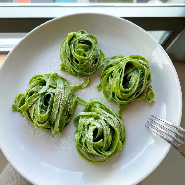 Thick-cut spinach pasta noodles arranged in a rustic pile, showcasing the dough's beautiful green hue.