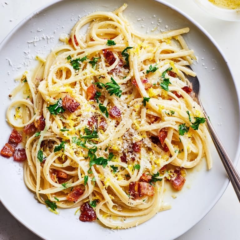 Crispy Bacon Linguine served hot with a sprinkle of Parmesan on a rustic wooden table.