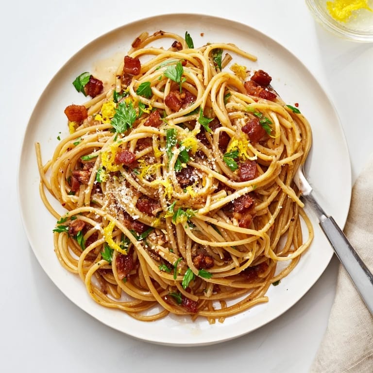 Close-up of Crispy Bacon Linguine showing golden bacon pieces clinging to al dente linguine.