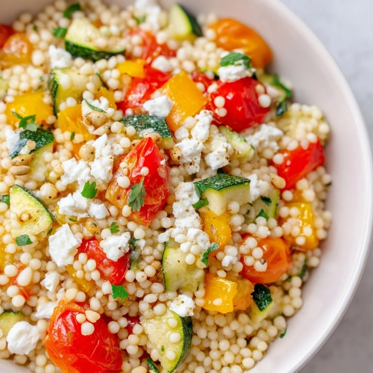 Vibrant Roasted Veggie Couscous Salad tossed with fresh parsley and mint, ready to eat at room temperature.