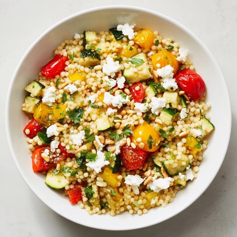 A warm Roasted Veggie Couscous Salad topped with feta and pine nuts, served as a main dish.