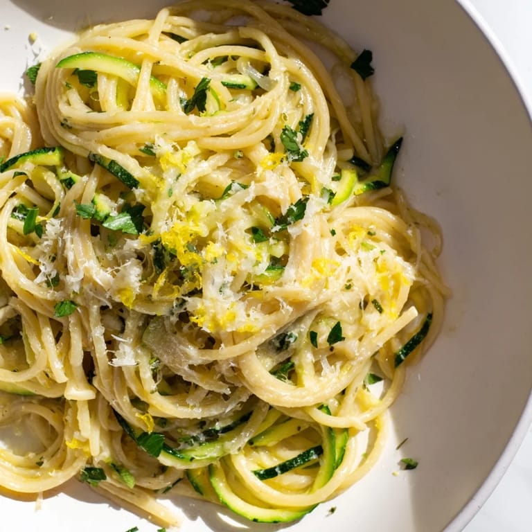 A close-up of a fork lifting a bite of Lemon Zucchini Pasta, with lemon zest, olive oil, and crisp zucchini ribbons in a serving bowl.