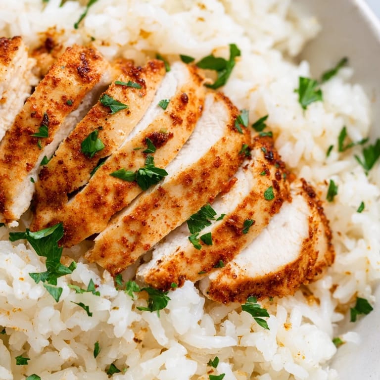 A close-up of golden garlic butter rice studded with minced garlic, topped with juicy grilled chicken and bright lemon.