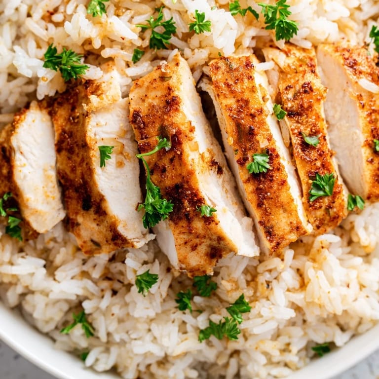 Serving suggestion for garlic butter rice with chicken, presented in a white bowl with a side of crisp white wine.