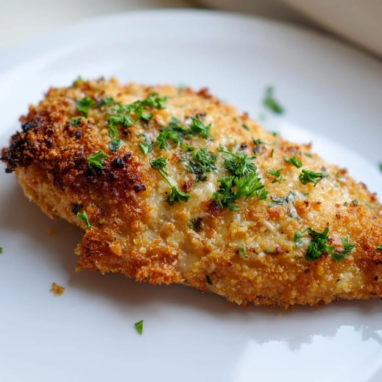 A close-up of juicy roasted garlic Parmesan chicken, garnished with fresh parsley and ready to enjoy as a comforting weeknight dinner.