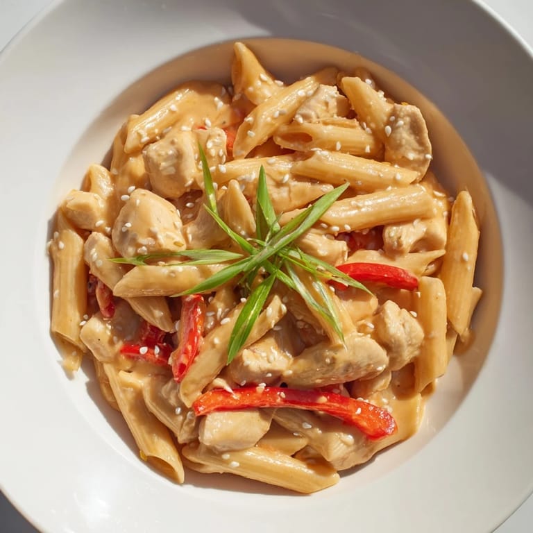 Sweet Chili Chicken Pasta tossed with penne and red bell peppers, steaming with a rich, sweet, and spicy aroma.