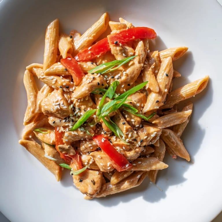 A skillet of Sweet Chili Chicken Pasta topped with fresh cilantro, ready to serve with a crisp white wine.