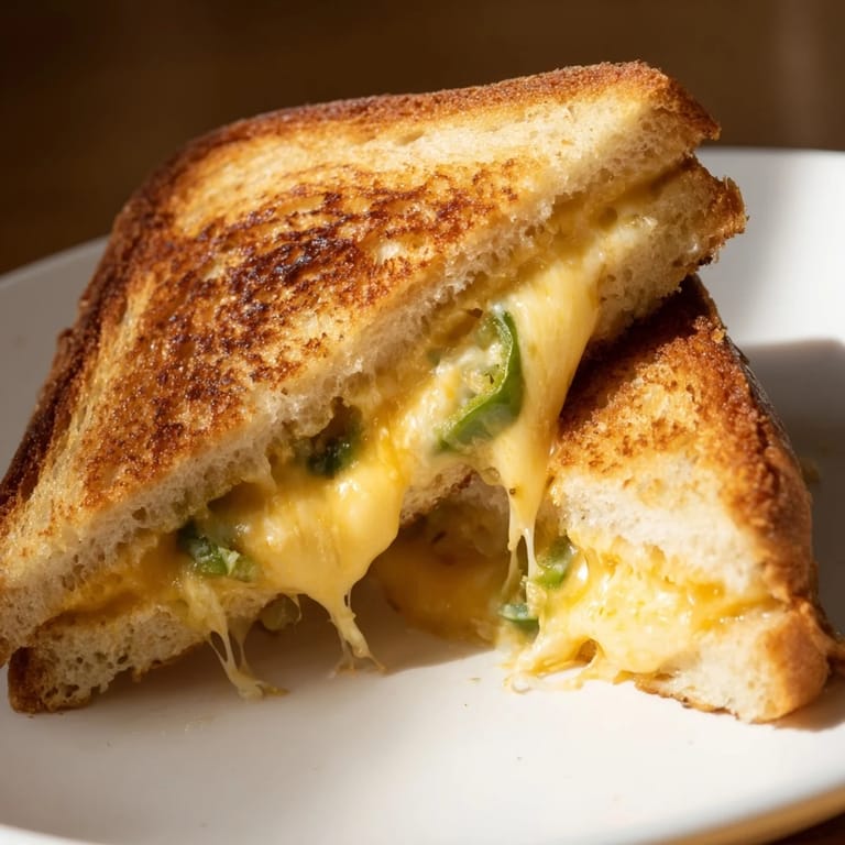 Spicy jalapeño popper grilled cheese sandwich served with tomato soup and a fresh side salad for lunch.