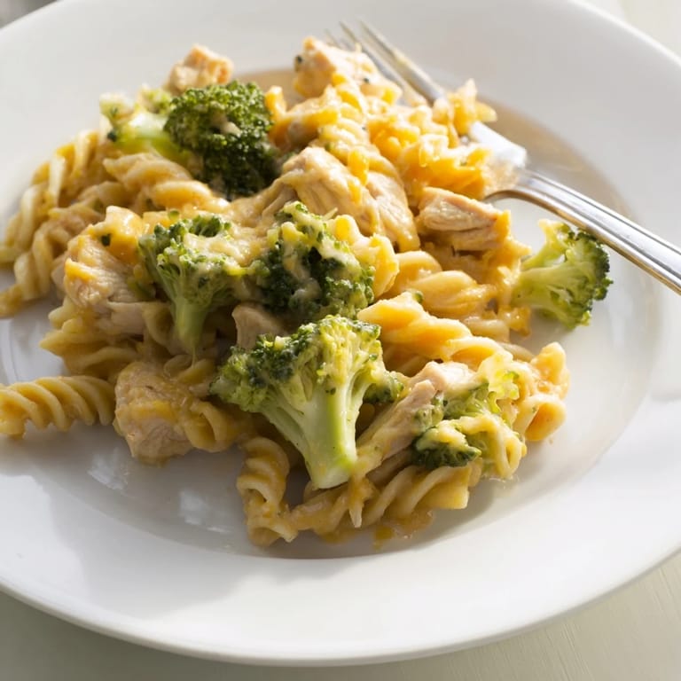 Family-style bowl of Chicken Broccoli Cheddar Pasta with al dente pasta, juicy chicken, and vibrant broccoli florets in a rich, buttery cheese sauce.