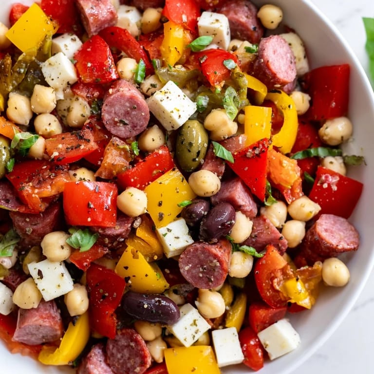 Vibrant Crunchy Antipasto Chopped Salad with fresh basil and parsley, served as a light lunch or appetizer with Italian-inspired flavors.