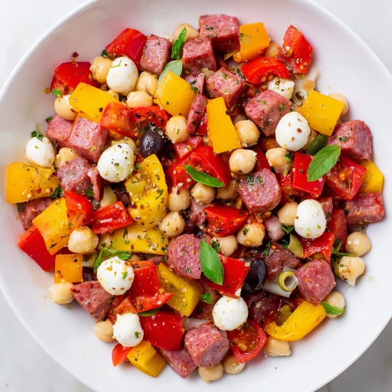 A hearty Crunchy Antipasto Chopped Salad featuring salami cubes, mozzarella pearls, chickpeas, and crunchy vegetables on a bed of chopped greens.