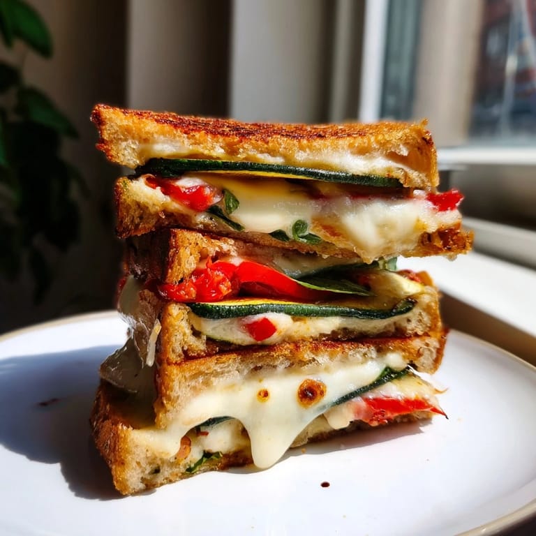 A vibrant sandwich with colorful roasted vegetables, juicy tomatoes, and fresh basil leaves between buttery, golden-grilled bread, perfect for lunch.