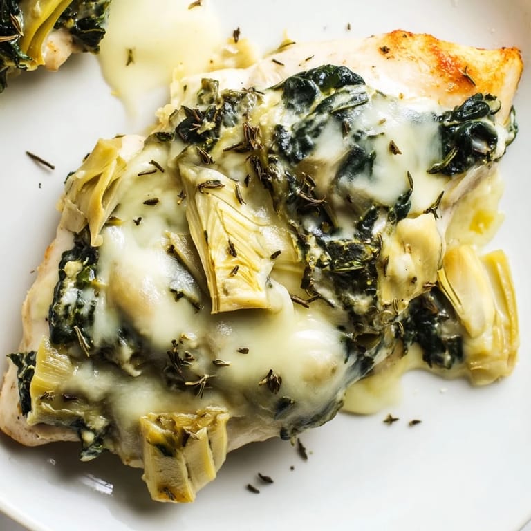 Juicy chicken breasts covered in a vibrant spinach and artichoke topping, freshly baked and garnished with fresh herbs for a comforting weeknight meal.