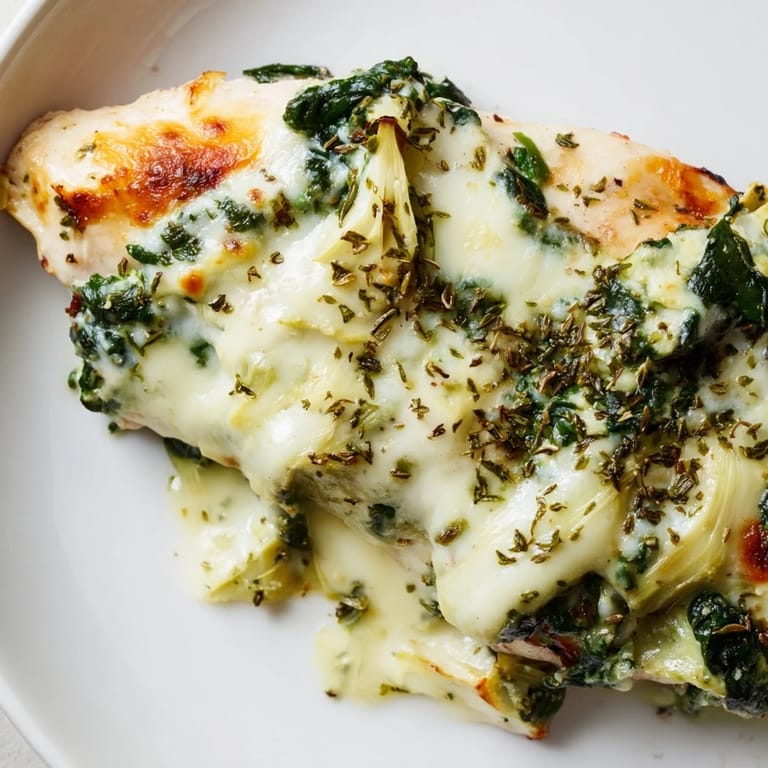 A close-up of Spinach & Artichoke Chicken Bake showing melted cheese and creamy yogurt sauce over tender chicken, served alongside a crisp green salad.