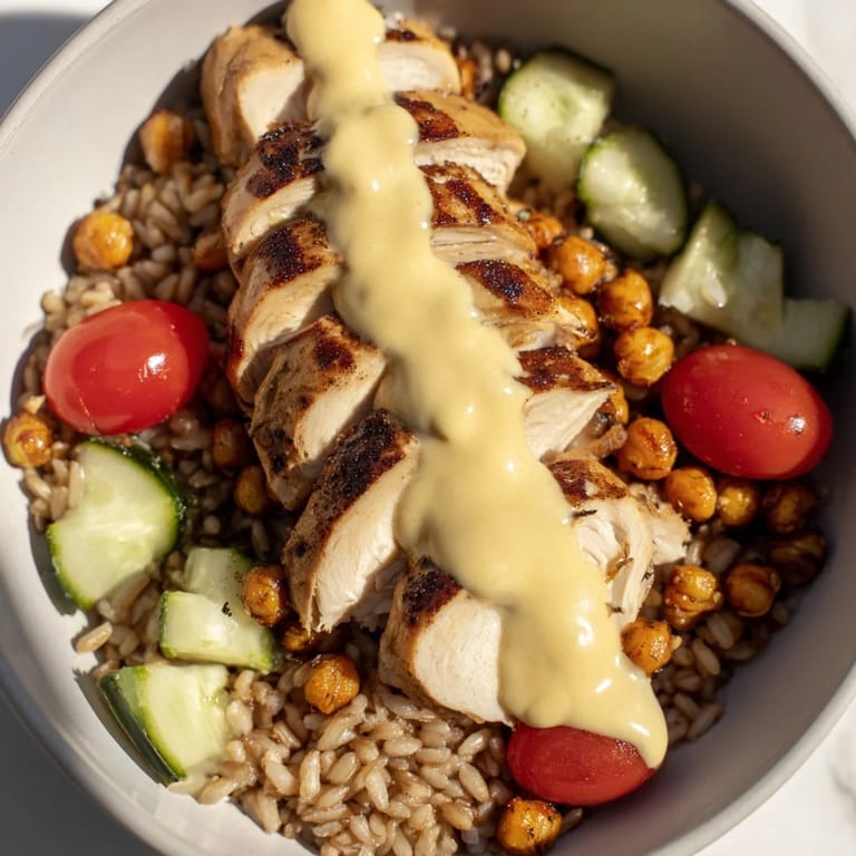 Colorful Lemon Tahini Chicken Power Bowl with roasted chicken, crisp cucumber, and fresh greens, ready to serve as a nourishing Mediterranean-inspired main dish for four.