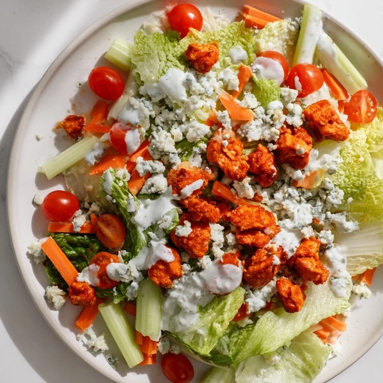 Spicy Buffalo Chicken Chopped Salad in a white bowl, topped with diced celery, red onion, and a drizzle of creamy dressing.