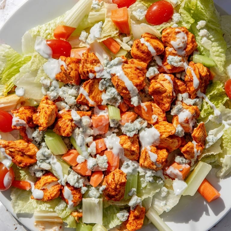 Close-up of a fresh Buffalo Chicken Chopped Salad with juicy buffalo chicken, crisp vegetables, and melted blue cheese on a wooden table.