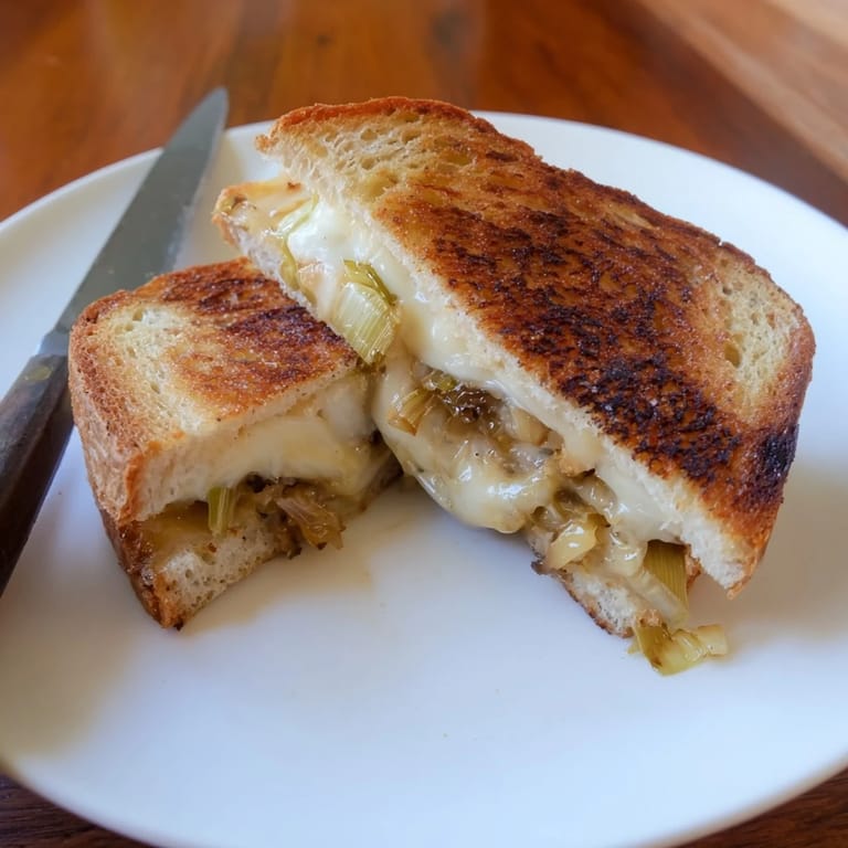 A close-up of the Havarti & Caramelized Leek Grilled Cheese reveals a gooey, cheesy pull between crispy bread.