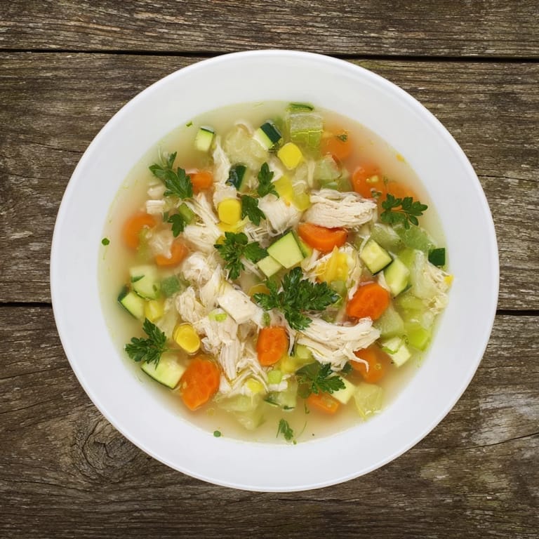 Vibrant Spring Garden Chicken Soup garnished with fresh parsley and lemon wedges, served hot in a rustic white bowl for a cozy lunch. 