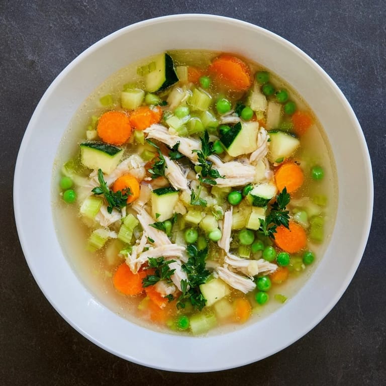 Close-up of Spring Garden Chicken Soup showing colorful vegetables and juicy chicken pieces floating in aromatic, herb-infused broth ready to enjoy.
