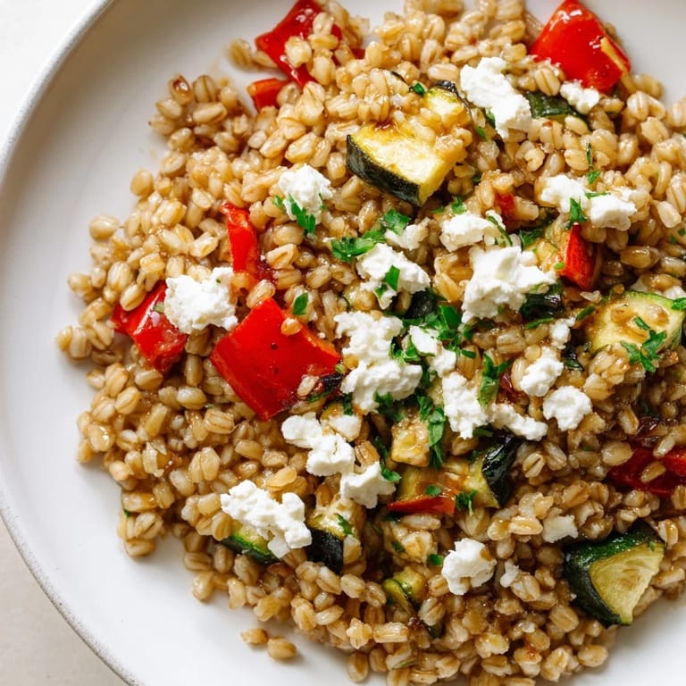 A close-up of golden, caramelized farro with roasted vegetables, including bell peppers and zucchini, steaming in a white ceramic bowl.