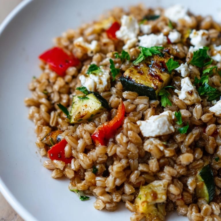 Hearty farro with roasted vegetables served alongside sliced avocado, showcasing vibrant colors and Mediterranean-inspired ingredients.
